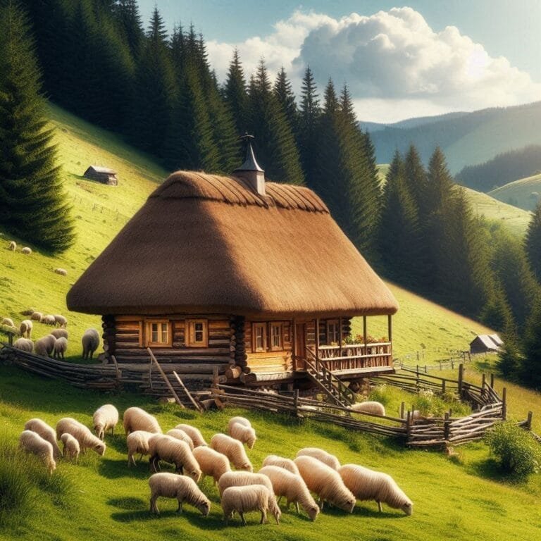 This image has an empty alt attribute; its file name is A-small-house-with-sheep-on-the-hills-in-Transylvania.jpg