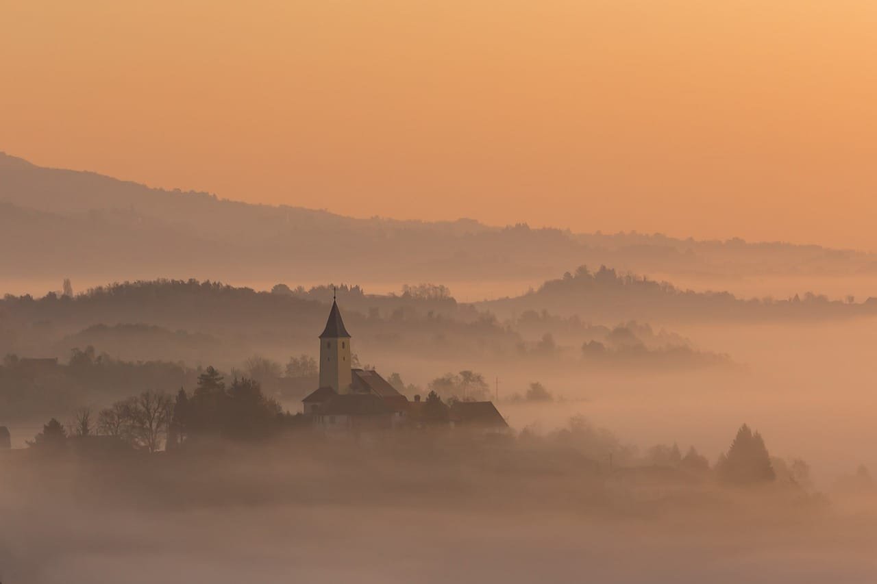 church, sunrise, fog, environment, fall, foggy, misty, morning, outdoor, scenery, scenic, travel, zagreb region, autumn, croatia, nature, landscape, church, church, church, church, church, croatia, croatia